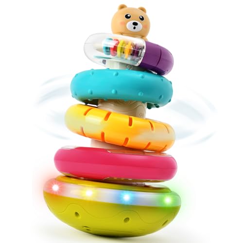 vamei Stapelturm für Stapelspiel, Baby Spielzeug ab 1 Jahr, Stapelspielzeug mit Rassel & Automatische Rotation & Musik & Licht, Stehaufmännchen Baby Babyspielzeug für Jungen Mädchen ab 6 12 18 Monate von vamei