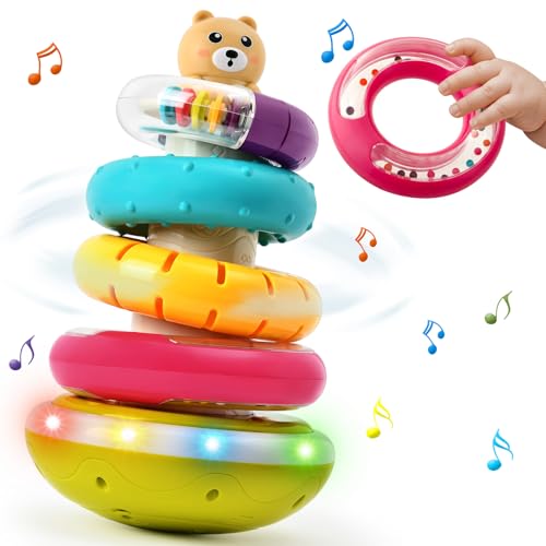 vamei Stapelturm für Stapelspiel, Baby Spielzeug ab 1 Jahr, Stapelspielzeug mit Rassel & Automatische Rotation & Musik & Licht, Stehaufmännchen Baby Babyspielzeug für Jungen Mädchen ab 6 12 18 Monate von vamei