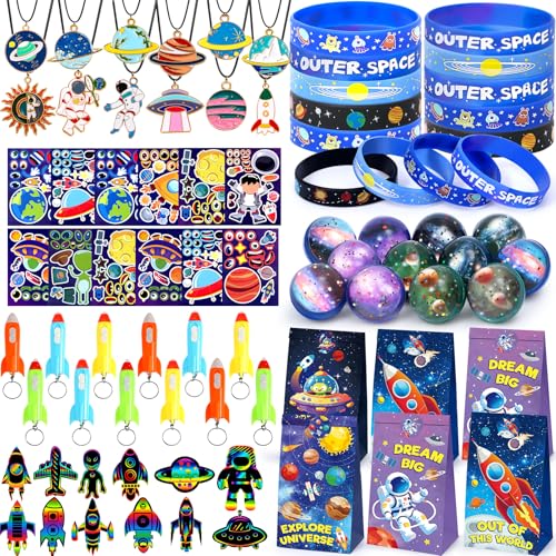 vamei Weltraum Mitgebsel Kindergeburtstag Space Give Aways Gastgeschenk Kindergeburtstag mit Kratzbilder Flummi Silikonarmband Schlüsselanhänger Geschenktüten Pinata Füllung Party Mitbringsel Kinder von vamei