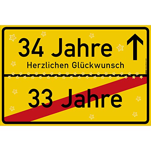 vanva 34 Geburtstag Schild - Ortsschild Herzlichen Glückwunsch 30x20 cm - Lustige Geschenke oder Dekoration - Party Deko Geschenkideen für den 34 Geburtstag Gelb von vanva