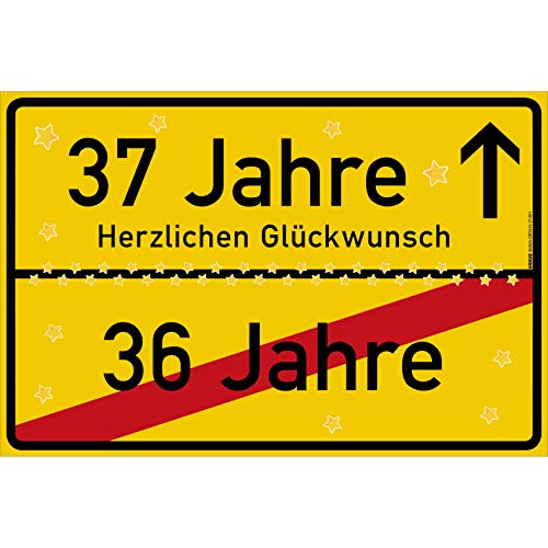 vanva 37 Geburtstag Schild - Ortsschild Herzlichen Glückwunsch 30x20 cm - Lustige Geschenke oder Dekoration - Party Deko Geschenkideen für den 37 Geburtstag Gelb von vanva