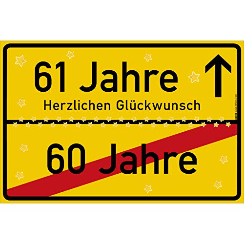 vanva 61 Geburtstag Schild - Ortsschild Herzlichen Glückwunsch 30x20 cm - Lustige Geschenke oder Dekoration - Party Deko Geschenkideen für den 61 Geburtstag Gelb von vanva