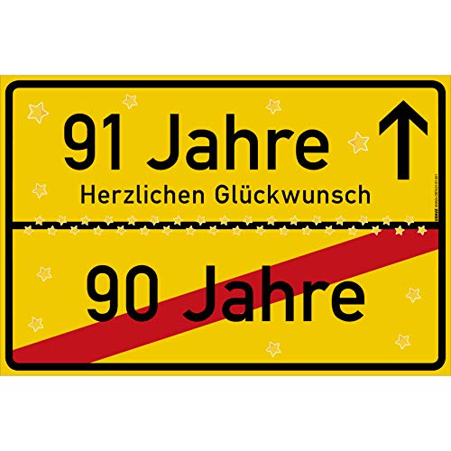 vanva 91 Geburtstag Schild - Ortsschild Herzlichen Glückwunsch 30x20 cm - Lustige Geschenke oder Dekoration - Party Deko Geschenkideen für den 91 Geburtstag Gelb von vanva