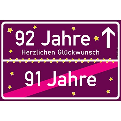 vanva 92 Geschenk Mädchen Schild mit Spruch Herzlichen Glückwunsch Ortsschild Geschenk für Freundin 92 Jahre Party Deko Geschenkideen für den 92 Geburtstag Violett von vanva