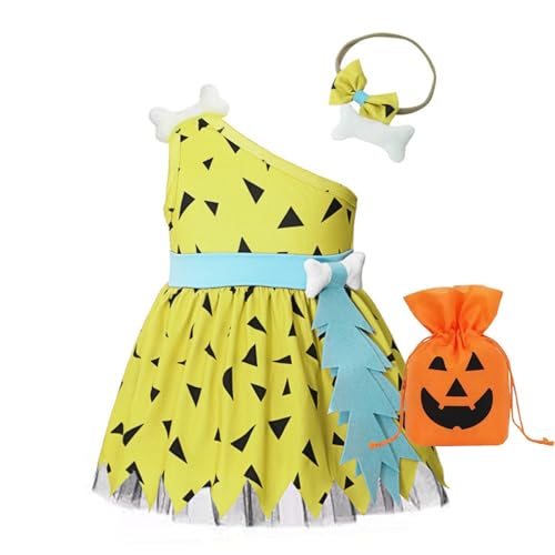 vejtmcc Kleinkind Kinder Höhlenmensch Kostüm Mädchen Halloween Hundeknochen Historisches Höhlenmädchen Mesh Tüll Kleid Outfits Body Neugeborene (Yellow, 12-18 Months) von vejtmcc