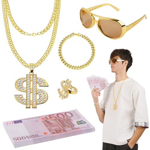 5 Stück Zuhälter Kostüm, Hip Hop Kostüm Set, 80er 90er Jahre Outfit Herren Hip Hop Kostüm mit Sonnenbrille, Dollar Kette, Ringe, Armbänder and Gefälschter Geldschein, für Karneval Fasching Mottoparty von viallolipa