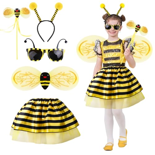 Bienenkostüme für Kinder, Bienenkostüm-Zubehör-Set, Bienenkostüm, mit Tutu-Rock, Flügeln, Antennen-Stirnband, Sonnenbrille, Feen-Zauberstab, Mädchen-Cosplay-Set für Karneval, Halloween, Cosplay, von viallolipa