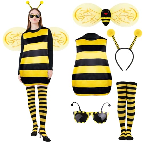 viallolipa Bienen Kostüm Damen Bienenkostüm Erwachsene, Kostüm Biene Damen mit Haarreif Biene Brille, Biene Flügel & Beinärmel, Faschingskostüme Damen Biene für Cosplay Party Karneval von viallolipa