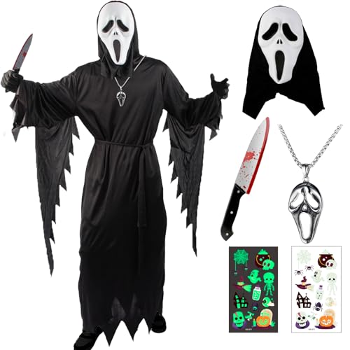 viallolipa Halloween Ghostface Kostüm Kinder mit Maske, Spielzeugmesser, Gürtel, Skeletthalskette und fluoreszierenden Aufklebern, Scary Movie Ghost Face Kostüm für Cosplay S viallolipa Halloween Ghostface Kostüm Kinder mit Maske, Spielzeugmesser, Gürtel, Skeletthalskette und fluoreszierenden Aufklebern, Scary Movie Ghost Face Kostüm für Cosplay S von viallolipa
