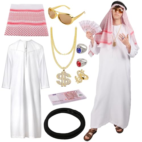 viallolipa Kostüm Arabischer Scheich, Scheich Kostüm Herren, Araber Kostüm, Arabisches Weißes Gewand mit Kopftuch, Finger Ring, Halsketten, Sonnenbrillen, Lustige Kostüme für Karneval, Party, Cosplay von viallolipa