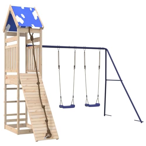 vidaXL Spielturm, Klettergerüst mit Dach Schaukeln Kletterwand Seil, Kinder Kletterturm Spiel-Zubehör für Garten, Holz Spielplatz Spielhaus, Massivholz Kiefer von vidaXL