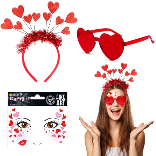 Amor kostüm damen Amor Kostüm Accessoires,Haarreif Herzen+ Herz Brille mit Herz Tattoos Amor Haarreif Heart Glasses für Valentinstag Karneval Fasching Hochzeit Weihnachten Foto Requisiten Kostüm Party von vnfsmy