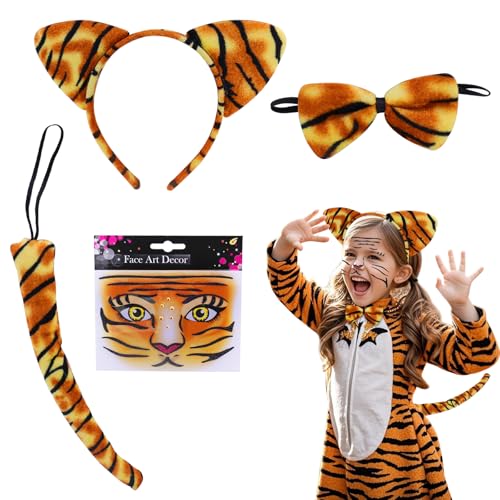 vnfsmy 4 Stück Tierkostüm Kinder, Tiger Zubehör, Tiger Kinderkostüm, Jungen Mädchen mit Tiger Ohr Haarband Schwanz Fliege Set für Mardi Gras Halloween Kostüme Dschungel Party Dekorationen von vnfsmy