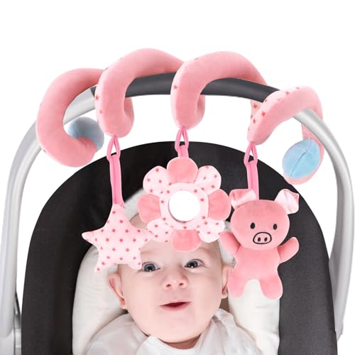 vocheer Autositz Spielzeug für Babys 0-6 Monate Hängende Rassel Bouncer Spielzeug für Krippe Mobile, Kleinkind Spirale Plüsch Kinderwagen Spielzeug, Mädchen Rosa Schwein von vocheer