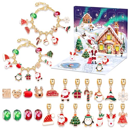 vohiko Weihnachts-Adventskalender-Armbänder für Mädchen, 24 Tage Weihnachts-Countdown-Kalender, DIY-Schmuckherstellungsset, Geschenk, 22 Charm-Perlen, 2 Armbänder von vohiko