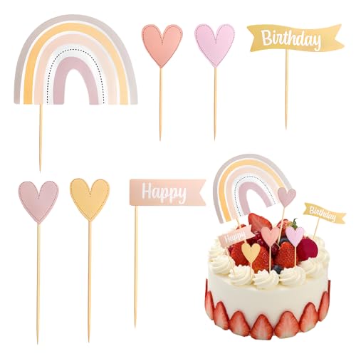 Volumoon 8 Stück Regenbogen Tortendeko Set, Kuchen Deko Geburtstag mit Sticker, Tortendeko Geburtstag Rainbow Happy Birthday Herz kuchendeko Geburtstag Mädchen für Kinder Baby Shower Mädchen (Rosa) von volumoon