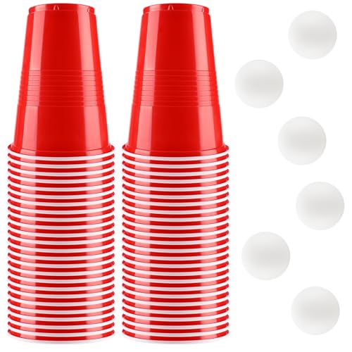 Bierpong Becher Set, Beer Pong Becher Enthält 6 Tischtennisbälle und 50 Becher, 500ML Beerpongbecher, Wiederverwendbare Partybecher für Weihnachten Party Geburtstag Festivals Hochzeit Camping(Rot） von vvhippo