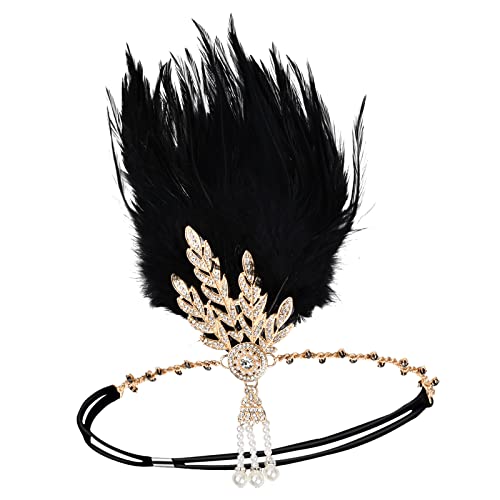 1920s Stirnband Feder Damen Vintage Kostümzubehör 20er Jahre Stil Flapper Charleston Haarband Strass Haarschmuck Stirnbänder für Damen Gatsby Kostüm Accessoires für Hochzeitsfeier Theme Party Schwarz von wangjiangda