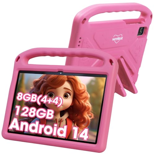 2024 verbessertes Kinder-Tablet, Weelikeit 10-Zoll-Android 14-Tablet für Kinder, 8 GB (4+4) RAM + 128 GB Speicher, 6000 mAh Langer Akku, Zwei Kameras, tolles Tablet für Kleinkinder, (Pink) von weelikeit