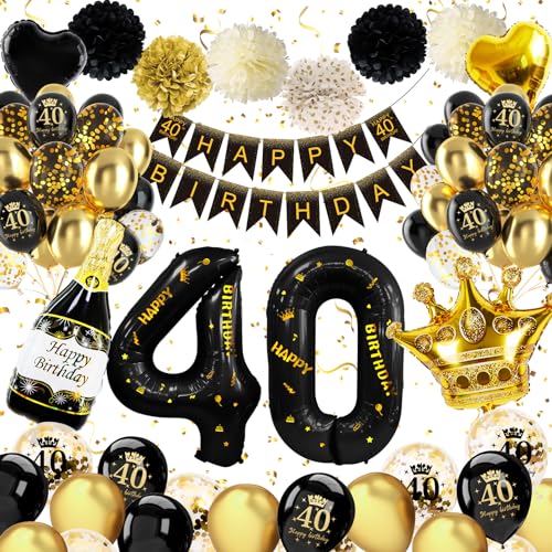 40 Geburtstag Frauen Männer, Schwarz Gold Deko 40 Geburtstag Mann Frau, 40 Geburtstag Deko mit Happy Birthday Banner Konfetti Luftballons 40. Geburtstag Nummer 40 Folienballons für 40. Geburtstag Deko von weeyin