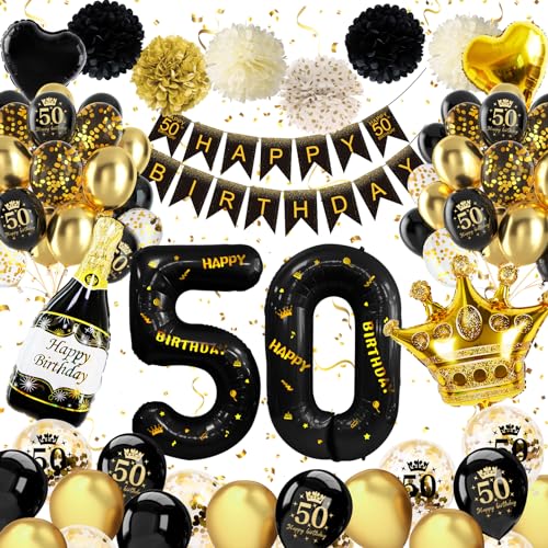 50 Geburtstag Frauen Männer,Schwarz Gold Deko 50 Geburtstag Mann Frau,50 Geburtstag Deko mit Happy Birthday Banner Konfetti Luftballons 50. Geburtstag Nummer 50 Folienballons für 50 Geburtstag Deko von weeyin