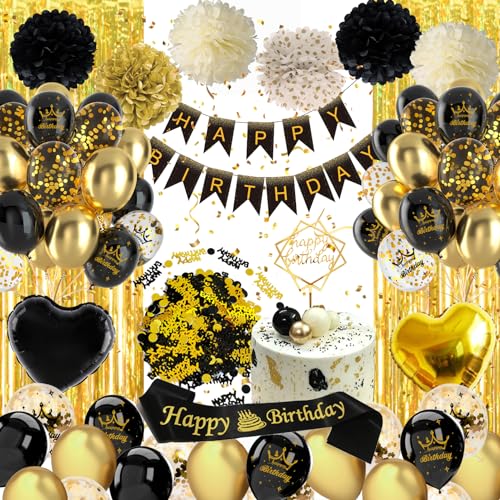 Geburtstagsdeko Mann Frauen, Schwarz Gold Party Deko, Luftballons Geburtstag Dekoration, Happy Birthday Girlande, Konfetti Luftballon, Pompons, deko geburtstag Mann Frauen 18 21 30 40 50 60 von weeyin