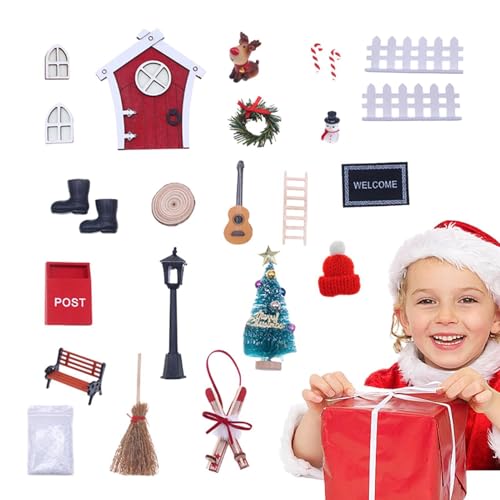 weiting 19 Stück Wichteltür Set, Wichteltür Zubehör Weihnachten Set Weihnachtsdeko, Puppenhaus Weihnachts Feenfiguren Miniaturszenenmodell Elfentür Wichteltür Zubehör, Weihnachten Geschenk Für Kinder von weiting