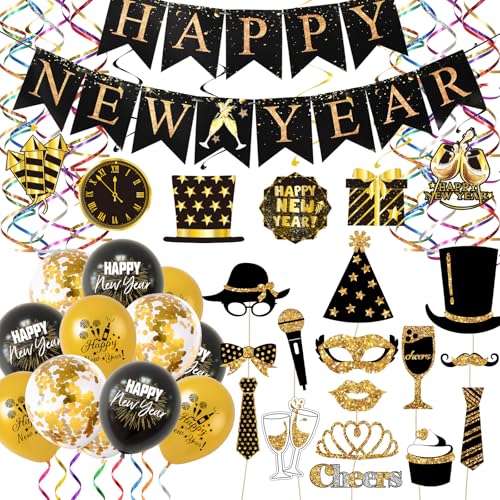 wenweo Happy New Year Deko 2025, Silvester Deko 2025, Deko Silvester Party 2025 umfasst Luftschlangen Silvester、Tischdeko Silvester、Happy New Year Girlande、Hänge Dekoration、Silvesterdeko Ballon von wenweo