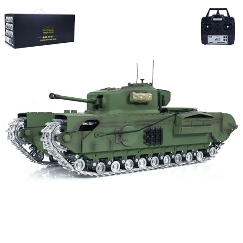 wheelfun 1/16 TD RC Kampfpanzer aus Kunststoff für Churchill Mk.VII RC elektrische Infanterie-Kampffahrzeuge, 320° Turmdrehung, Lichtgeräusch-Raucheinheit (Pro-Edition-Armeegrün) von wheelfun