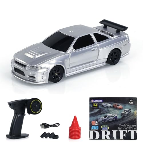 wheelfun 1/43 Drift Ferngesteuertes Auto,Drift Race Car Ferngesteuertes Spielzeugauto 4WD Reifen Verkehrsleitkegel RTR Mit LED-Leuchten Kreisel von wheelfun