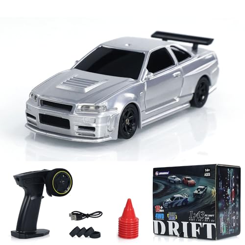 wheelfun 1/43 Drift Ferngesteuertes Auto,Drift Race Car Ferngesteuertes Spielzeugauto 4WD Reifen Verkehrsleitkegel RTR Mit LED-Leuchten von wheelfun