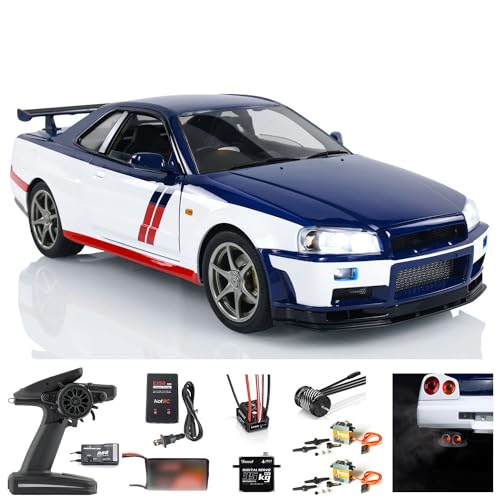 wheelfun Capo 1/8 4x4 R34 Metal RC Racing Car 4WD High Speed 2-Speed Transmission RTR Drift Cars Sound Smoking Red and White Stripes Constraction Vehicle for Adult Hobby von wheelfun