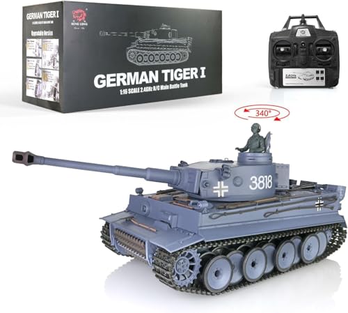 wheelfun Heng Long 1/16 RC Panzer Schnee Deutscher Tiger I 7.0 Kunststoff Ver RTR 340° Drehbarer Turm 3818 Modell Leerlaufrauchen Metall Straßenradaufhängung für Hobby BB Schießen Airsoft Panzer That von wheelfun