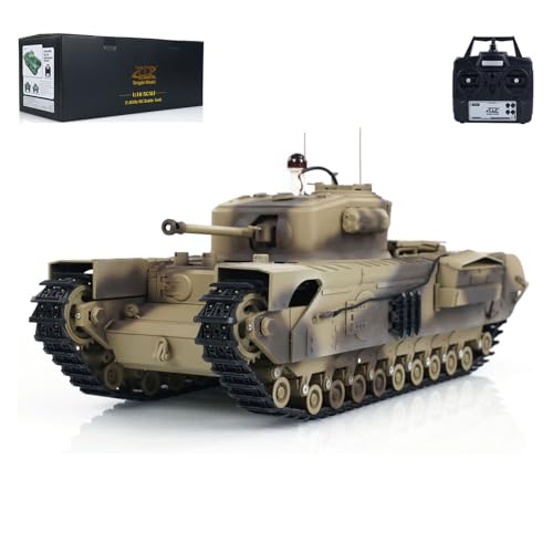 wheelfun 1/16 TD RC Kampfpanzer aus Kunststoff für Churchill Mk.VII RC elektrische Infanterie-Kampffahrzeuge, 320° Turmdrehung, Lichtgeräusch-Raucheinheit (Pro-Edition-Camouflage-Gelb) von wheelfun