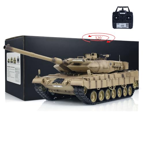 wheelfun Tongde 1/16 Deutscher Leopard2A7 RC Panzer Metallschienen Fernbedienung Kampfpanzer Lichtsound Infrarot Kampfsystem Raucheinheit Panzermodell (Basic-Desert Yellow-Edition) von wheelfun