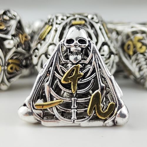 Polyedrisches Würfelset mit hohlem Totenkopf-Motiv, aus Metall, Dungeons und Dragons, Würfel, Geschenke, 7-teiliges Rollenspiel-Würfel-Set für D&D-Tischspiele, Karten, Pathfinder (Silber und Gold) von willmove