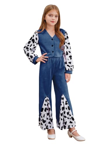 winying 2Pcs Mädchen Cowboy Cowgirl Cosplay Kostüm Langarm V-Ausschnitt Crop Top und Schlaghose Karneval Faschingskostüme Kinder Navy blau 110-116 von winying