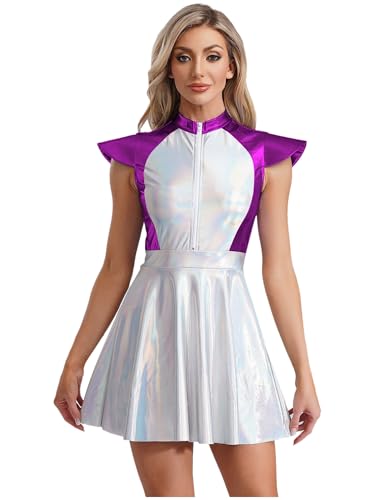 winying Alien Kostüm Damen Metallic A-Linie Tanzkleid Kappe Ärmel Skater Minikleid Party Disco Nachtclub Clubwear Violett S von winying