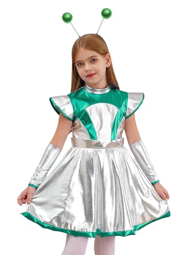 winying Alien Kostüm Set Mädchen 3 Stück Metallic Alien Kleid mit Zubehör Halloween Karneval Party Verkleidung Cosplay Grün 146-152 von winying