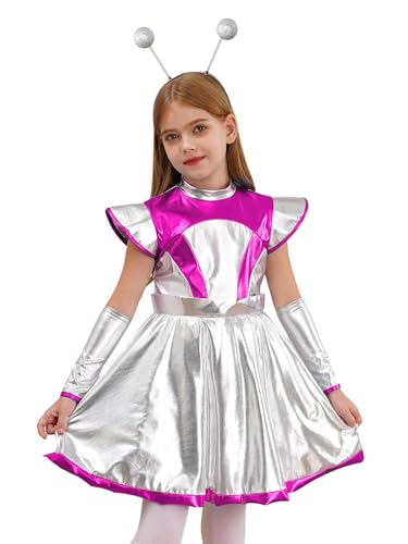 winying Alien Kostüm Set Mädchen 3 Stück Metallic Alien Kleid mit Zubehör Halloween Karneval Party Verkleidung Cosplay Rosa 170 von winying