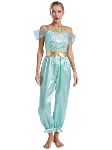 winying Arabische Prinzessin Cosplay Kostüm Für Damen Pailletten Body Einteiliger Jumpsuit Festlich Bauchtanz Anzug Halloween Kostüm Minzgrün XL von winying