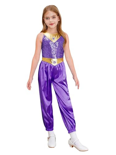 winying Arabische Prinzessin Mädchen Indische Tanz Outfits Pailletten Ärmellos Tanzbody Cosplay Karneval Kostüm Party Performance Tanzoutfit Violett 134-140 von winying