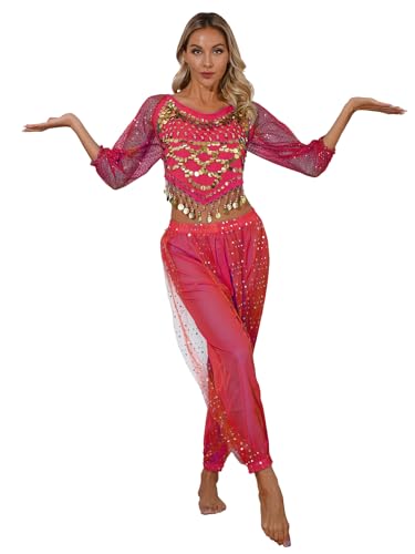 winying Bauchtanz Kostüm für Damen Bellydance Bauchtanzkostüm Indische Kleidung Bollywood Orient Kleid Halloween Festival Show Kostüme Hot Pink Einheitsgröße von winying