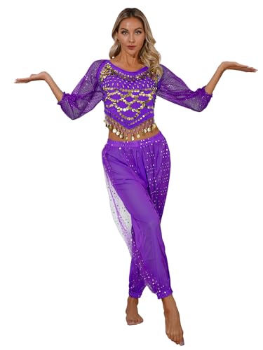 winying Bauchtanz Kostüm für Damen Bellydance Bauchtanzkostüm Indische Kleidung Bollywood Orient Kleid Halloween Festival Show Kostüme Violett Einheitsgröße von winying