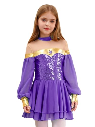 winying Bauchtanzkleid für Mädchen Glänzende Tanzkleid Langarm Mesh Tanzbody Pailletten Jumpsuit Einteiliger Party Kleid Tanzkleidung Violett 134-140 von winying