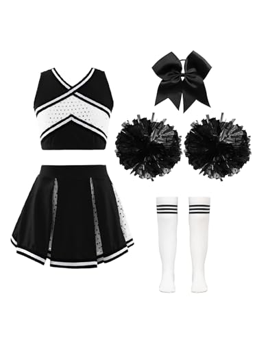 winying Cheer-Leader Kostüm Kinder Mädchen 4Stück Cheerleading Uniform Set Ärmellos Crop Top Rock Pompoms Socken Set Fasching Party Tanz Kostüme Ein Weiß&Schwarz 98-104 von winying