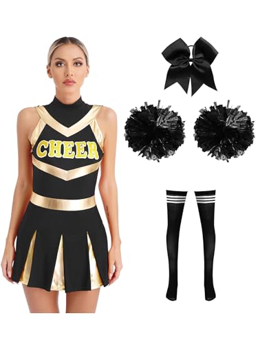 winying Cheer-leade Kostüm Damen Ärmelloses Cheerleading Uniform Pompons High School Cheer-leader Kostüm für Halloween Party Verkleidung Karneval Schwarz A S von winying