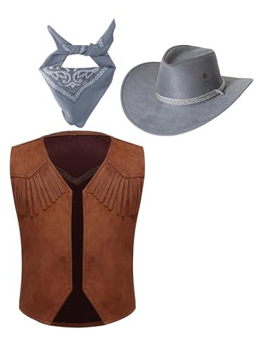 winying Cowboy Kostüm für Mädchen und Jungen 3 Stück Ärmellos Westen Weste + Cowboy Hut + Kopftuch Zubehör Kostüm für Karneval Fasching Grau 110-116 von winying