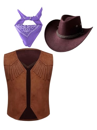 winying Cowboy Kostüm für Mädchen und Jungen 3 Stück Ärmellos Westen Weste + Cowboy Hut + Kopftuch Zubehör Kostüm für Karneval Fasching Violett 146-152 von winying