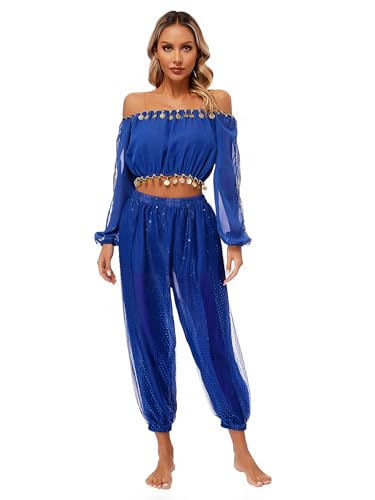 winying Damen Bauchtanz Tanz Kostüm Indien Arabische Tanzen Tribal Outfit Langarm Schulterfreies Crop Top mit Haremshose Fasching Party Kostüm Königsblau Einheitsgröße von winying